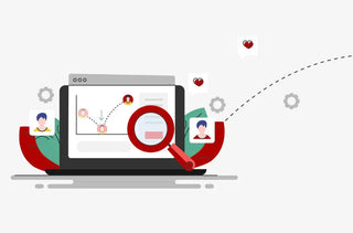 Illustration of a laptop with analytics, user profiles, magnifying glass, and social icons