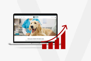 Laptop showing veterinary website with golden retriever and rising sales growth chart overlay